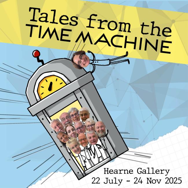 Poster advertising the exhibition, featuring a time machine and photos of the Museum's volunteers