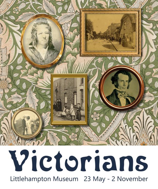 poster with flowery wallpaper background with picture frames containing images of Victorian Littlehampton