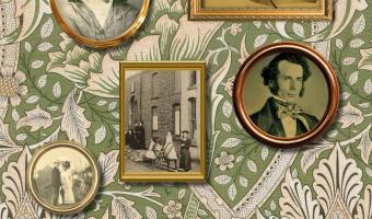 poster with flowery wallpaper background with picture frames containing images of Victorian Littlehampton