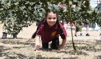 Armed Forces Day 2025. A girl crawling under a cram-crawl net.